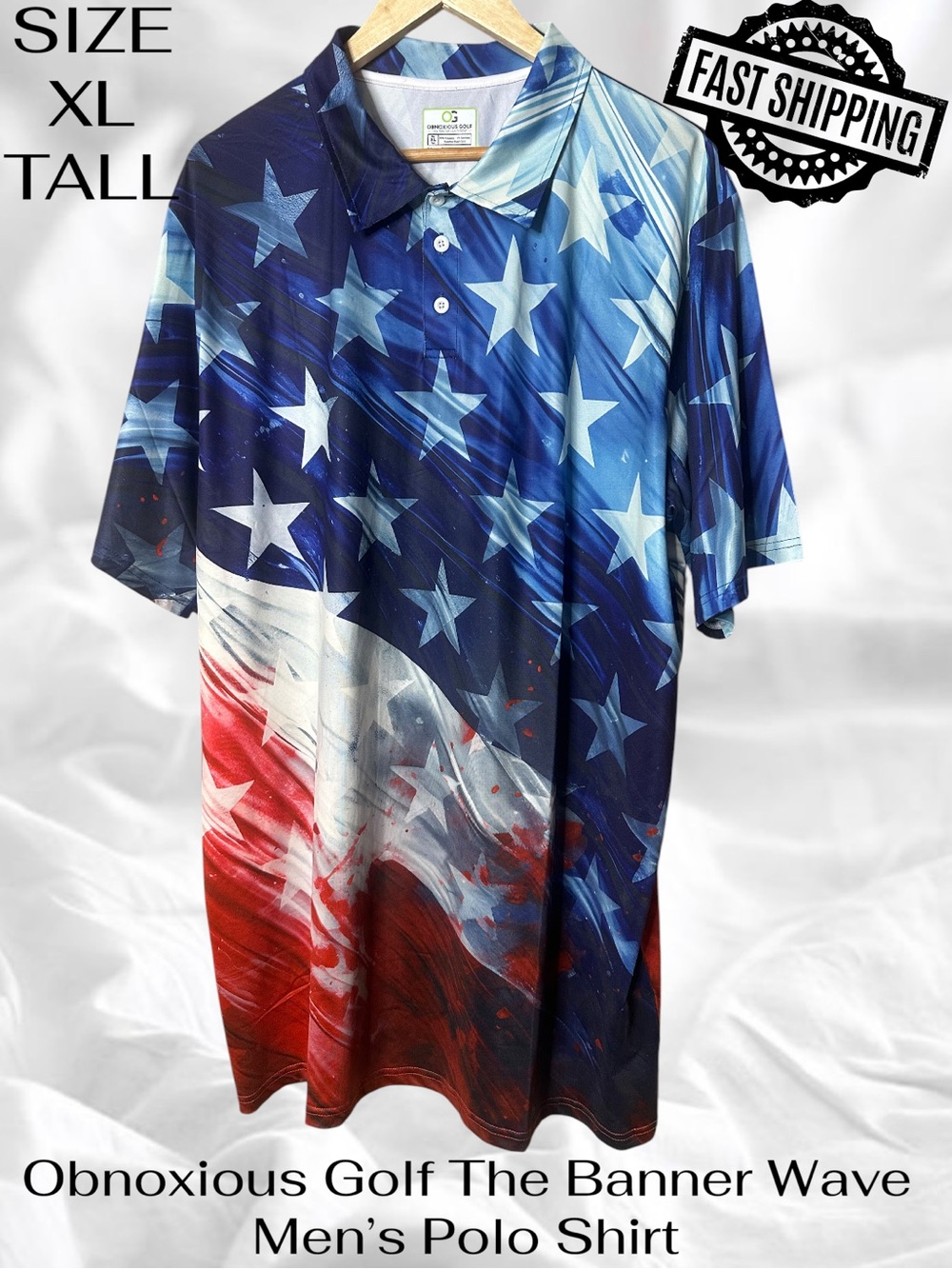 Obnoxious Golf Mens XL Tall American Flag Stars & Stripes Performance Polo Shirt